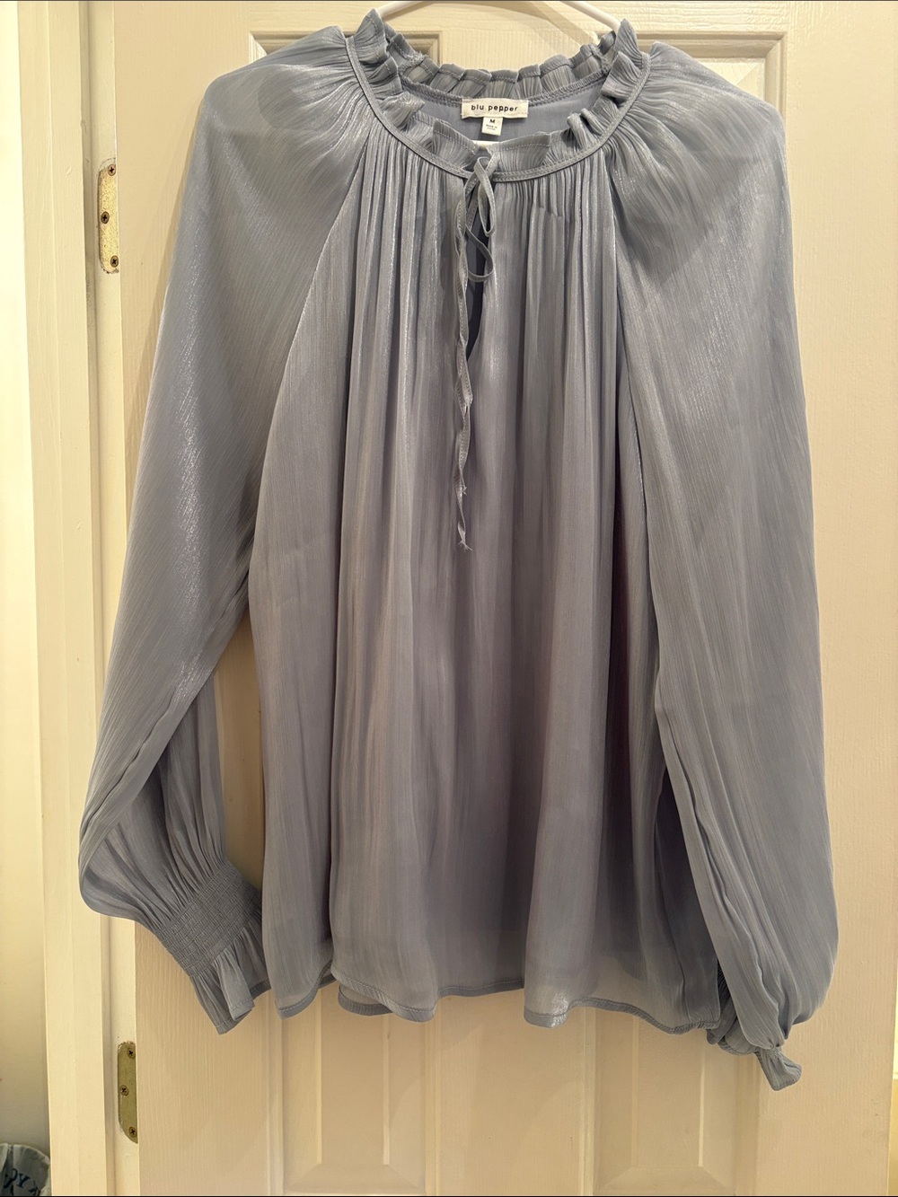 Blu Pepper Light Blue Pleated Ruffle Tie-Neck Blouse
